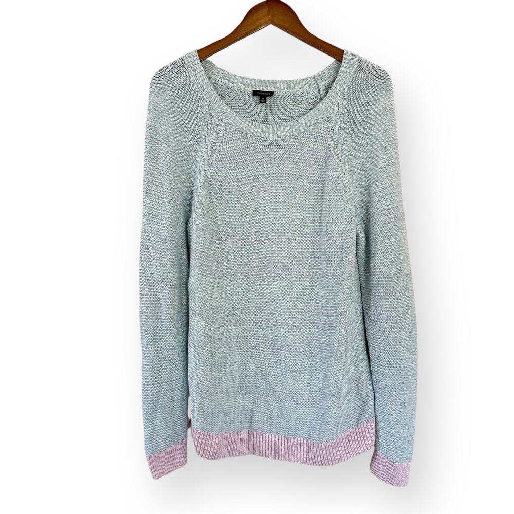 Talbots Marl Block Sweater Womens M Blue Pink Trim Cotton Linen Tunic Pullover